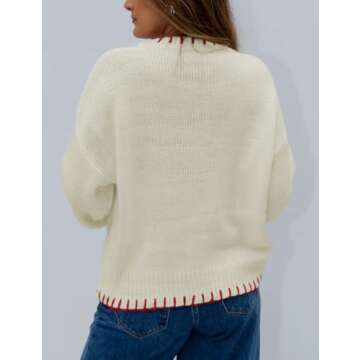 MINSURE Women Y2K Bow Knit Sweater Crew Neck Long Sleeve Knitted Pullover Oversized Contrast Trim Knitwear(Beige-S)