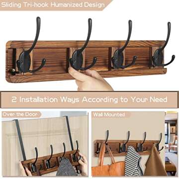 Over The Door Hooks, Wood Door Hanger with 4 Adjustable Tri Hooks, Door Towel Rack for Bathroom Heav...