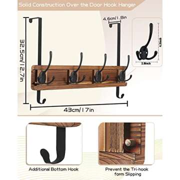 Over The Door Hooks, Wood Door Hanger with 4 Adjustable Tri Hooks, Door Towel Rack for Bathroom Heavy Duty Wall Mounted Coat Rack for Hanging Clothes Hat Bag Robes Room Organizer Accessories and Decor