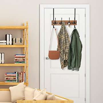Over The Door Hooks, Wood Door Hanger with 4 Adjustable Tri Hooks, Door Towel Rack for Bathroom Heavy Duty Wall Mounted Coat Rack for Hanging Clothes Hat Bag Robes Room Organizer Accessories and Decor