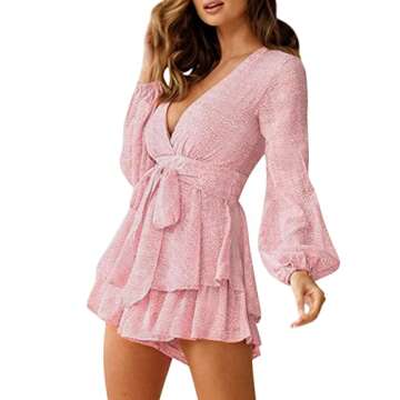 Relipop Women's Romper Floral Print V Neck Baggy Sleeve Waist Tie Layered Ruffle Hem Short Casual Su...
