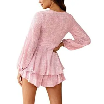 Relipop Women's Romper Floral Print V Neck Baggy Sleeve Waist Tie Layered Ruffle Hem Short Casual Summer Rompers Jumpsuits