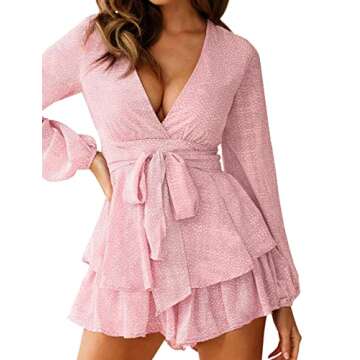 Relipop Women's Romper Floral Print V Neck Baggy Sleeve Waist Tie Layered Ruffle Hem Short Casual Summer Rompers Jumpsuits