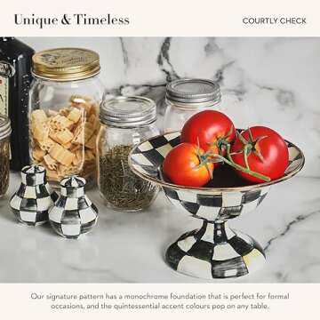 MACKENZIE-CHILDS Enamel Salt and Pepper Shakers, Kitchen Table Spice Shaker Set, Black-and-White Courtly Check, Small