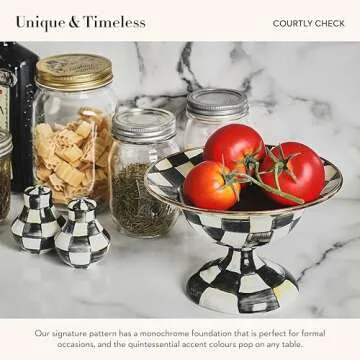 MACKENZIE-CHILDS Enamel Salt and Pepper Shakers, Kitchen Table Spice Shaker Set, Black-and-White Courtly Check, Small