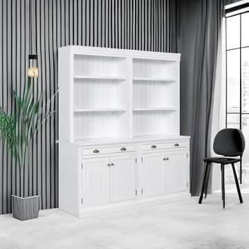 Merax 83.4" Tall Storage Bookshelf Bookcase 2-Piece Set with LED Lighting,2 Doors and 1 Drawer and Open Shelves for Home Office,White