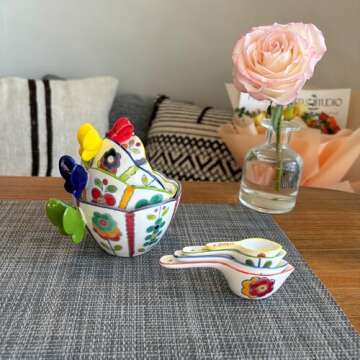 S.ROKE TTAN 4 Pieces Ceramic Measuring Spoons Set - Cute Flower Printed Spoons for Kitchen Baking