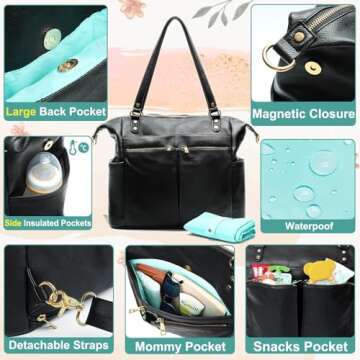 MOMINSIDE Diaper Bag Tote, Leather Diaper Bag Backpack with 14 Pockets, Convertible Baby Bag for Boys Girls, Baby Registry, Changing Pad, Large 4 Insulated Pockets(Black)