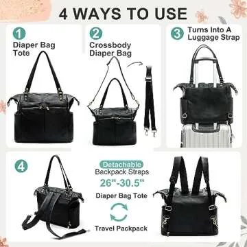 MOMINSIDE Diaper Bag Tote, Leather Diaper Bag Backpack with 14 Pockets, Convertible Baby Bag for Boys Girls, Baby Registry, Changing Pad, Large 4 Insulated Pockets(Black)