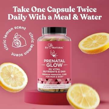 Glow Prenatal Vitamins for Women – 20-in-1 Vital Nutrients for Healthy Pregnancy and Fetal Development – Folic Acid & Vegan DHA For Baby's Growth & A Comfortable Pregnancy – 60 Nourishing Capsules