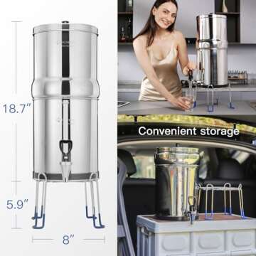 FACHIOO Gravity-fed Water Filter System, 2.25 Gallon Stainless Steel Countertop System with 2 Ceramics Filters Washable Filters, Metal Water Level Spigot and Stand,Reduce up to 99% Chlorine