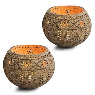 QTMY 2 Pack Votive Candle Holders,Handmade Coconut Shell Candle Holder for Tealight Small Pillar,Rus...