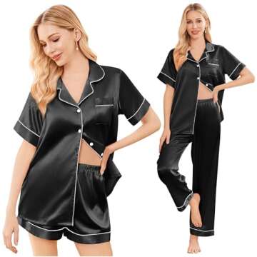 Ekouaer Silk Satin Pajama Set for Women Soft Short Sleeve Button Down Pj Sets 3 Piece Sleepwear Loun...