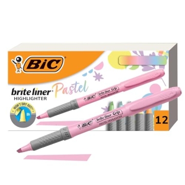 BIC Brite Liner Grip Pastel Highlighters Set - 12 Soft & Durable