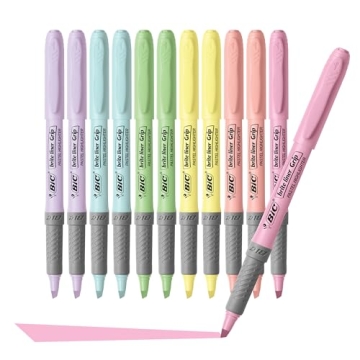 BIC Brite Liner Grip Pastel Highlighters Set - 12 Soft & Durable