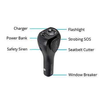 React 7-in-1 Vehicle Emergency Multi-Tool by ChargeHub with 2200mAh Power Bank, USB Car Charger, Window Breaker, Concealed Seat Belt-Cutter, Flashlight, Red Flashing Light, & Audible S.O.S Alarm.