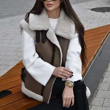 APAFES Womens Winter Fur Suede Vest Stand Collar Sleeveless Fleece Shearling Jacket Coat(548-Brown-M)