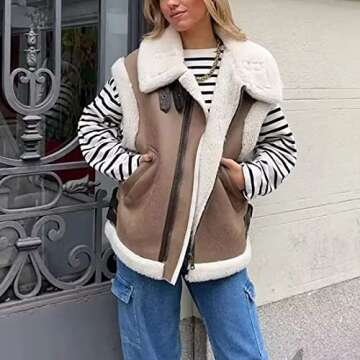 APAFES Womens Winter Fur Suede Vest Stand Collar Sleeveless Fleece Shearling Jacket Coat(548-Brown-M)