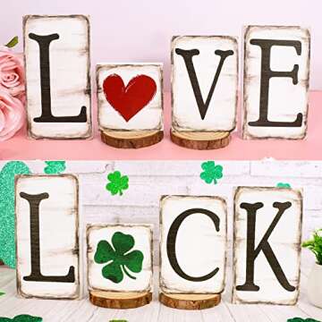 Whaline 4Pcs Valentine's Day Wood Block Sign Love Heart Luck Rustic Valentines Table Centerpiece St. Patrick's Day Shamrock Double-Side Prints Tabletop Sign for Home Party Tiered Tray Decor