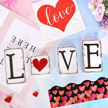 Whaline 4Pcs Valentine's Day Wood Block Sign Love Heart Luck Rustic Valentines Table Centerpiece St. Patrick's Day Shamrock Double-Side Prints Tabletop Sign for Home Party Tiered Tray Decor