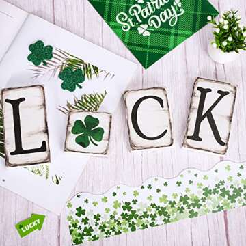 Whaline 4Pcs Valentine's Day Wood Block Sign Love Heart Luck Rustic Valentines Table Centerpiece St. Patrick's Day Shamrock Double-Side Prints Tabletop Sign for Home Party Tiered Tray Decor