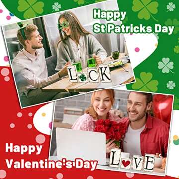 Whaline 4Pcs Valentine's Day Wood Block Sign Love Heart Luck Rustic Valentines Table Centerpiece St. Patrick's Day Shamrock Double-Side Prints Tabletop Sign for Home Party Tiered Tray Decor