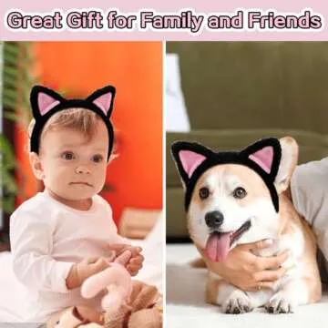 COMNICO Cat Ears Headbands, Plush Soft Cute Washing Face Head band Fuzzy Kitten Makeup Hair Headbands for Mask Skincare Spa Yoga Halloween Parties Cosplay (Black)