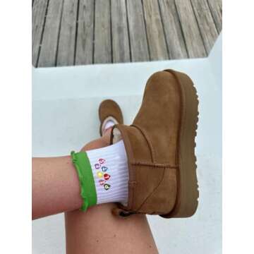 Puedizux Women Cute Pilates Socks Grip Crew Yoga Socks Ruffle Cuff Embroidery Pattern Workout Ballet...