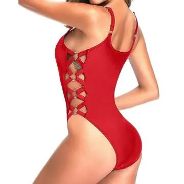 Tempt Me Women Red One Piece Bathing Suit Crisscross Lace Up Sexy Swimsuits M