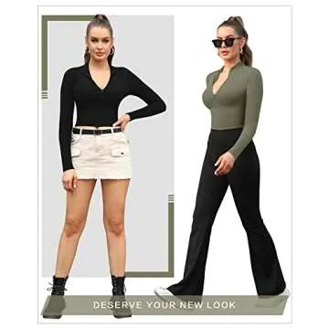 CLOZOZ Women's Long Sleeve Zip Up Crop Tops Fashion
