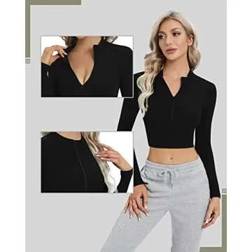 CLOZOZ Women's Long Sleeve Zip Up Crop Tops Fashion
