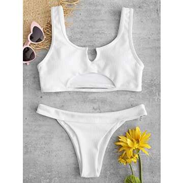 ZAFUL Women's Tie Dye V-Notch Cutout High Cut Bikini Set Two Piece Swimsuit (B-White, S)