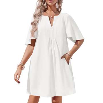 Wenrine Womens Flutter Short Sleeve Mini Dress Casual V Neck Loose Flowy Summer Dresses White