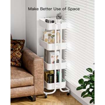 Pipishell 4 Tier Metal Rolling Utility Cart, Heavy-Duty Storage Rolling Cart with 2 Lockable Wheels,...