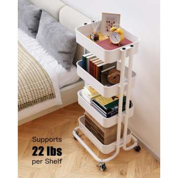 Pipishell 4 Tier Metal Rolling Utility Cart, Heavy-Duty Storage Rolling Cart with 2 Lockable Wheels, Multifunctional Mesh Organization Utility Cart for Kitchen Dining Room Living Room, PIUC13W