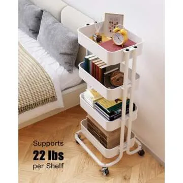 Pipishell 4 Tier Metal Rolling Utility Cart, Heavy-Duty Storage Rolling Cart with 2 Lockable Wheels, Multifunctional Mesh Organization Utility Cart for Kitchen Dining Room Living Room, PIUC13W