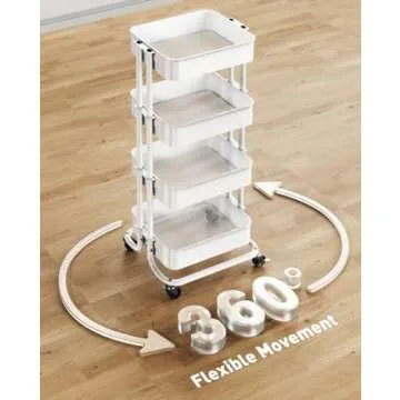 Pipishell 4 Tier Metal Rolling Utility Cart, Heavy-Duty Storage Rolling Cart with 2 Lockable Wheels, Multifunctional Mesh Organization Utility Cart for Kitchen Dining Room Living Room, PIUC13W