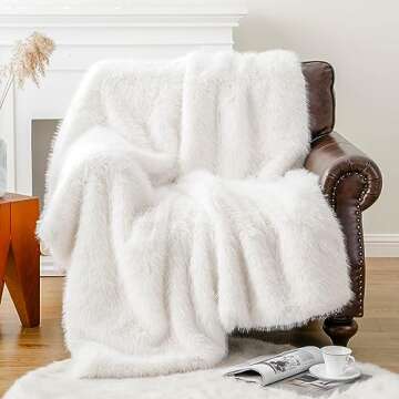 BATTILO HOME Luxury White Faux Fur Throw Blanket, Fluffy Cozy Soft Warm Fur Blanket for Couch, Sofa, Chair, Bed, Plush Fuzzy Fur Throws with Long Pile, 50"x60"(Ivory)
