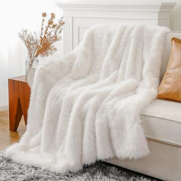 BATTILO HOME Luxury White Faux Fur Throw Blanket, Fluffy Cozy Soft Warm Fur Blanket for Couch, Sofa, Chair, Bed, Plush Fuzzy Fur Throws with Long Pile, 50"x60"(Ivory)