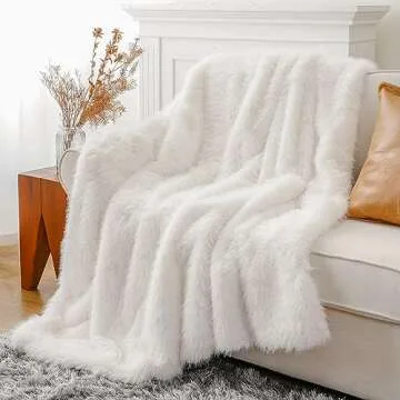 BATTILO HOME Luxury White Faux Fur Throw Blanket, Fluffy Cozy Soft Warm Fur Blanket for Couch, Sofa, Chair, Bed, Plush Fuzzy Fur Throws with Long Pile, 50"x60"(Ivory)