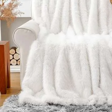 BATTILO HOME Luxury White Faux Fur Throw Blanket, Fluffy Cozy Soft Warm Fur Blanket for Couch, Sofa, Chair, Bed, Plush Fuzzy Fur Throws with Long Pile, 50"x60"(Ivory)