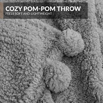 Sherpa Throw 50”x60” Blanket for Couch - 50x60, Grey with Pom Poms - Fuzzy, Fluffy, Plush, Soft, Cozy, Warm - Perfect Throw 50”x60”s for Bed, Sofa, Couches