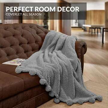 Sherpa Throw 50”x60” Blanket for Couch - 50x60, Grey with Pom Poms - Fuzzy, Fluffy, Plush, Soft, Cozy, Warm - Perfect Throw 50”x60”s for Bed, Sofa, Couches