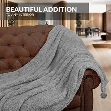 Sherpa Throw 50”x60” Blanket for Couch - 50x60, Grey with Pom Poms - Fuzzy, Fluffy, Plush, Soft, Cozy, Warm - Perfect Throw 50”x60”s for Bed, Sofa, Couches