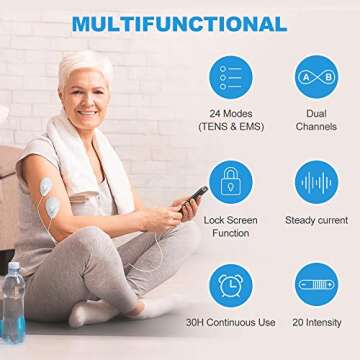 NURSAL Dual Channel EMS TENS Unit 24 Modes Muscle Stimulator for Pain Relief & Muscle Strength with 14 Pads, Rechargeable TENS Machine Pulse Massager with Storage Pouch/Pads Holder/Lanyard/Cable Ties