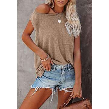 MIROL Women's Sleeveless Tank Tops Basic Loose Tunic T Shirts Batwing Sleeve Solid Color Casual Tee with Pocket Khaki