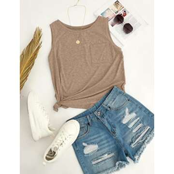 MIROL Women's Sleeveless Tank Tops Basic Loose Tunic T Shirts Batwing Sleeve Solid Color Casual Tee with Pocket Khaki