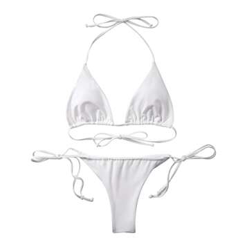 MOSHENGQI Women Sexy Brazilian Bikini 2 Piece Spaghetti Strap Top Thong Swimsuit Bathing Suit(S,Whit...
