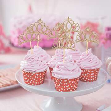 Donoter 48 Pieces Light Gold Glitter Princess Crown Cupcake Toppers Picks for Birthday Baby Shower Party Cake Decorations