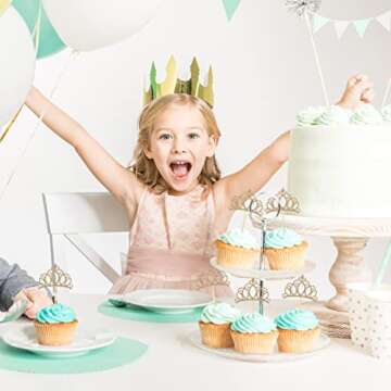 Donoter 48 Pieces Light Gold Glitter Princess Crown Cupcake Toppers Picks for Birthday Baby Shower Party Cake Decorations